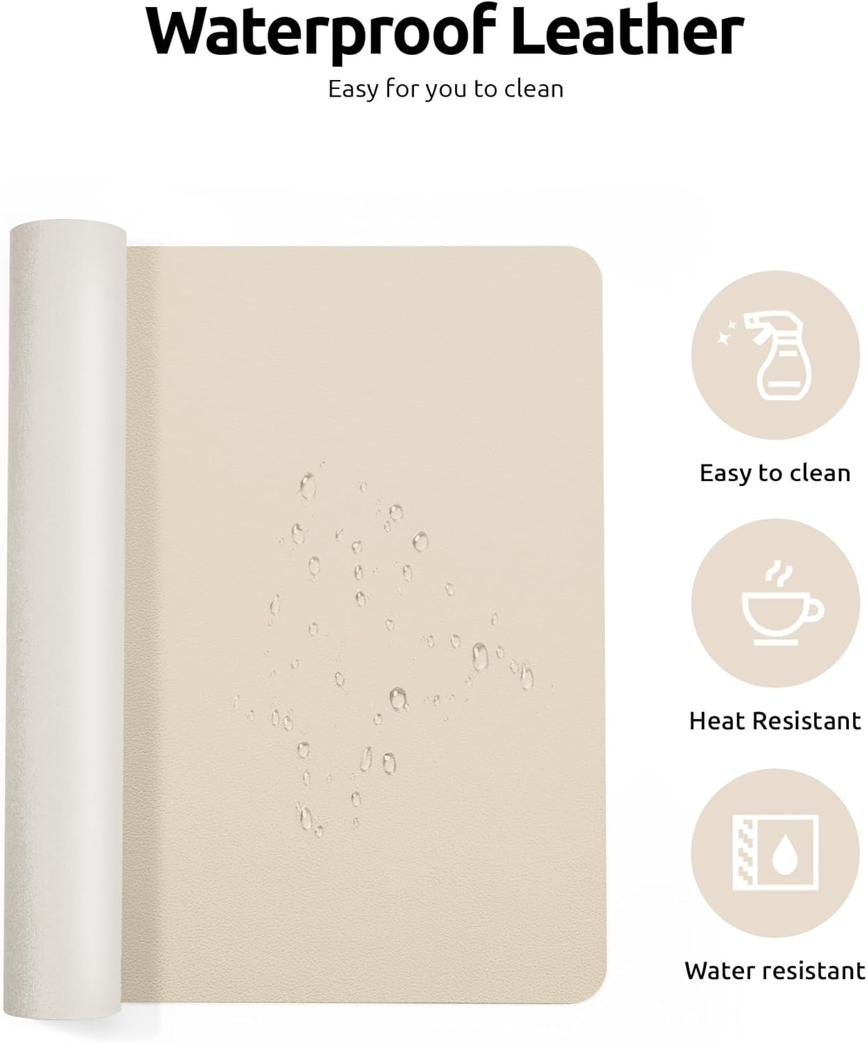 Beige waterproof leather sheet shown partially unrolled with water droplets on the surface to demonstrate water resistance. The image includes text reading 'Waterproof Leather' and three circular icons on the right indicating 'Easy to clean', 'Heat Resistant', and 'Water resistant'.