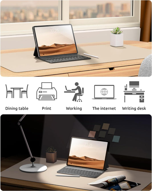 Laptop on a desk with icons and text indicating its uses.