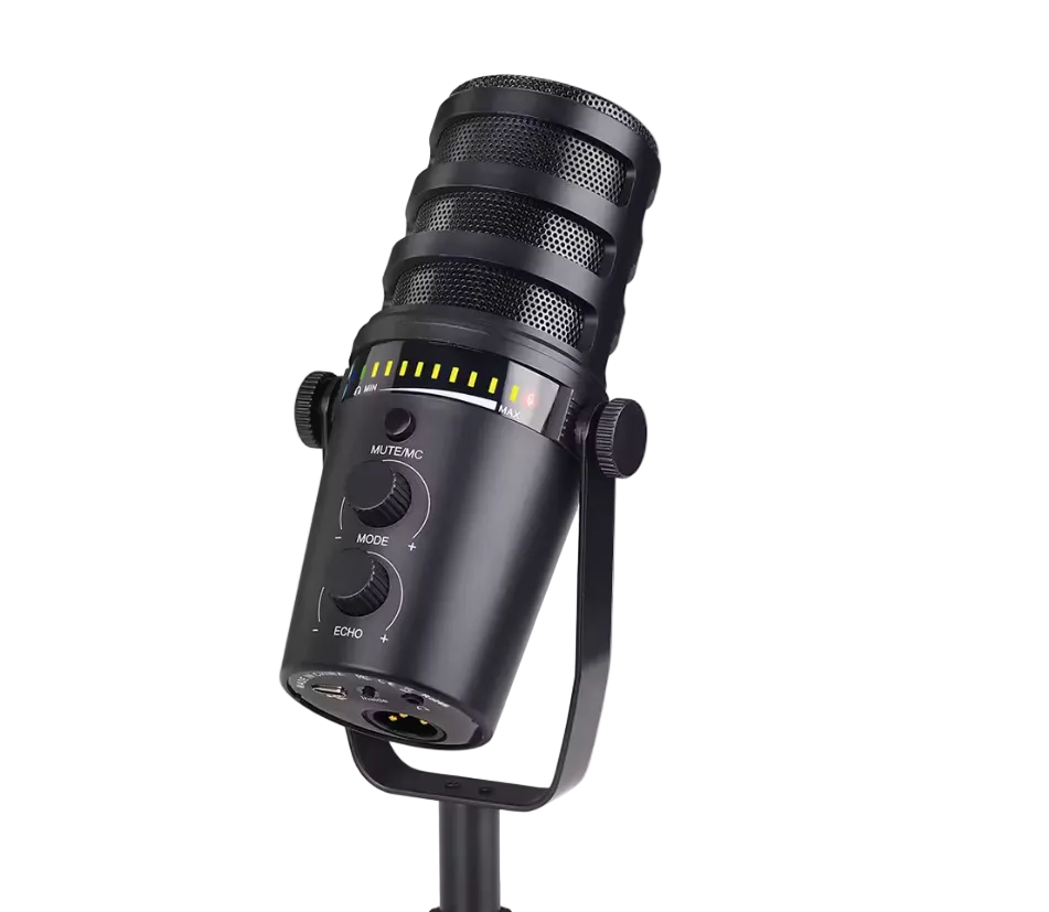 A black studio condenser microphone on a stand, featuring a textured grille, a yellow LED level indicator, and control knobs labeled MUTE, MODE, and ECHO.