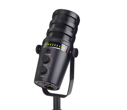A black studio condenser microphone on a stand, featuring a textured grille, a yellow LED level indicator, and control knobs labeled MUTE, MODE, and ECHO.