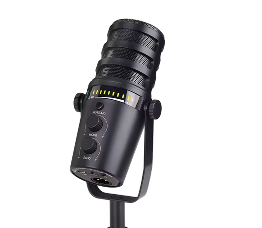 A black studio condenser microphone on a stand, featuring a textured grille, a yellow LED level indicator, and control knobs labeled MUTE, MODE, and ECHO.