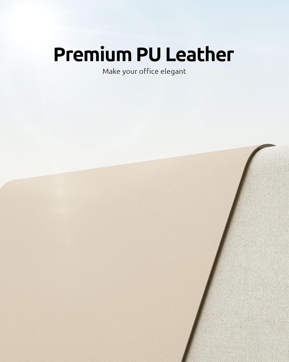 A close-up of a curved, light beige PU leather panel layered over a textured light gray surface, with the text 'Premium PU Leather' and 'Make your office elegant' at the top against a pale sky-blue gradient background.