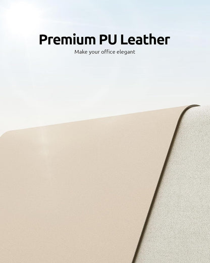 A close-up of a curved, light beige PU leather panel layered over a textured light gray surface, with the text 'Premium PU Leather' and 'Make your office elegant' at the top against a pale sky-blue gradient background.